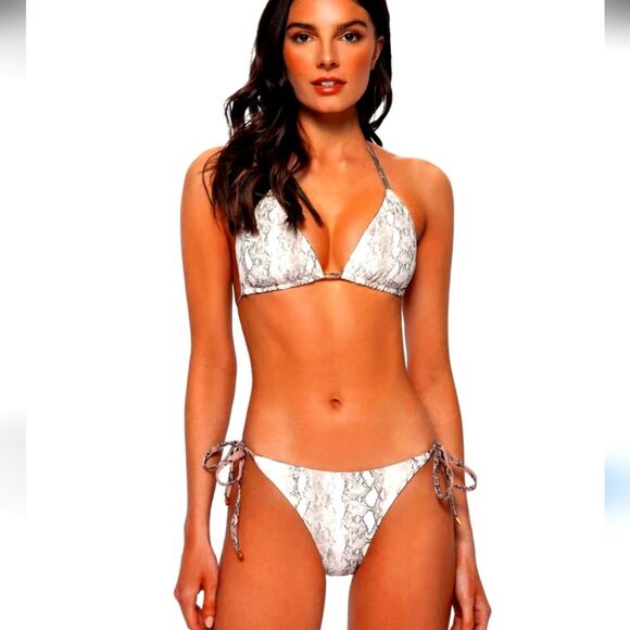 Gray Taupe White Metallic Gold Snakeskin Print Triangle String Bikini, Small - Picture 4 of 5